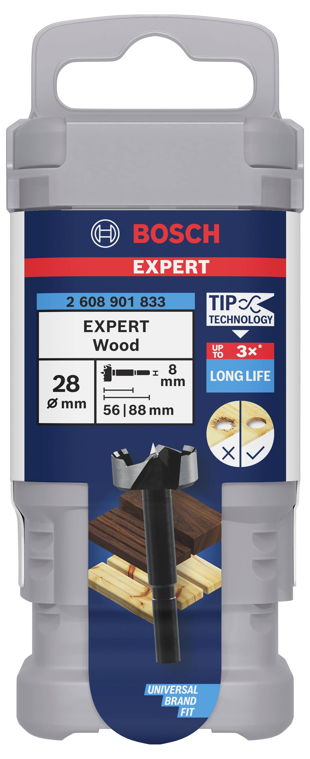 Balení vrtáku Bosch Expert do dřeva, průměr 28 mm, stopka 8 mm, délka 56/88 mm. Obsahuje technologii 'Tip Technology' pro delší životnost.