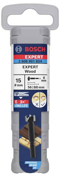 Vrták Bosch Expert Wood v šedém balení, vhodný pro průměr 15 mm a délku 56/88 mm, určený pro práci se dřevem.