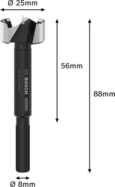 Vrták Forstner Bosch Ø 25 mm, celková délka 88 mm, stopka Ø 8 mm. Délka vrtáku 56 mm, vhodný pro přesné vrtání do dřeva.