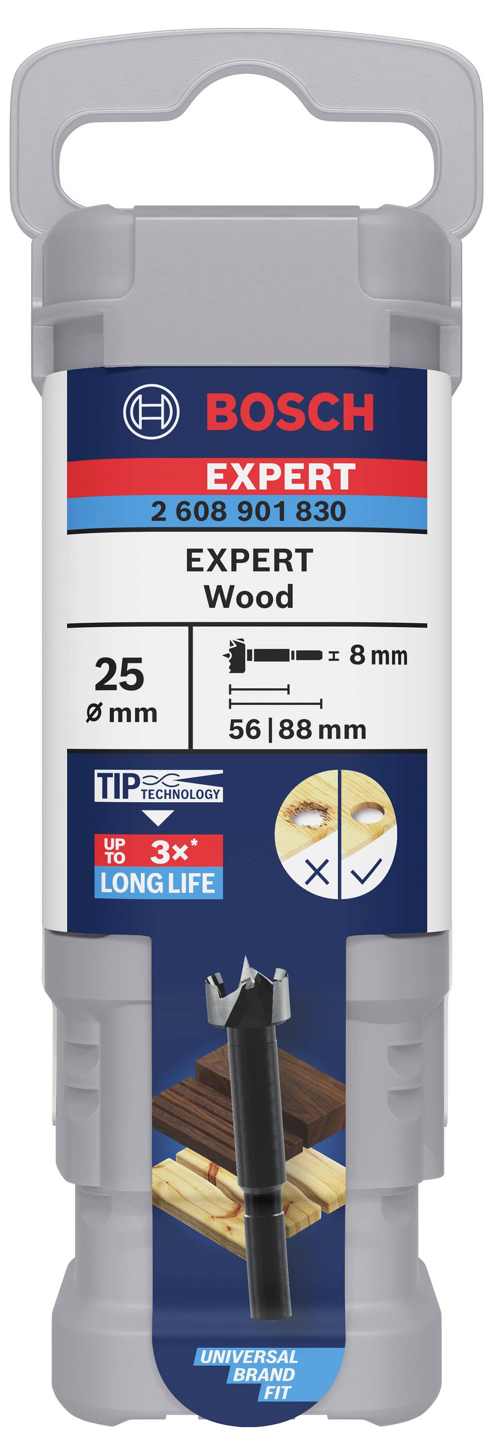 Vrták BOSCH Expert Wood, průměr 25 mm, na dřevo. Balení s obrázkem a informačním textem.
