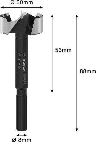 Vrtací vrták Bosch Expert s celkovou délkou 88 mm, průměrem vrtáku 30 mm, průměrem dříku 8 mm, délkou řezné části 56 mm.