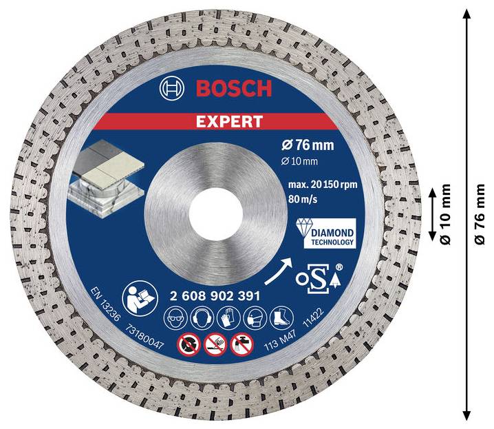 Kulatý diamantový řezací kotouč od Bosche, průměr 76 mm, tloušťka 10 mm. Opatřený specifikacemi produktu a návodem k použití.