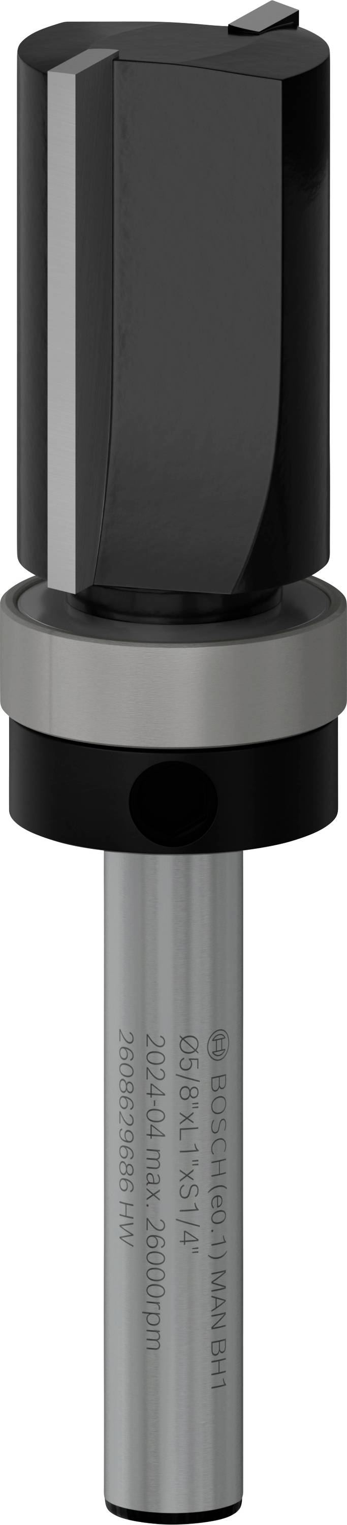 Frézovací vrták s válcovou stopkou a stříbrným tělem. Používá se především pro přesné truhlářské práce a průmyslové aplikace.