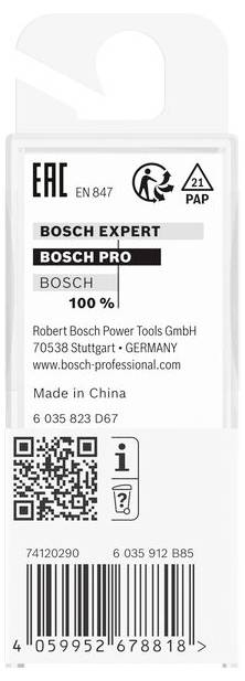 Štítek produktu Bosch s informacemi o sérii Bosch Expert a Bosch Pro, adresou výrobce a označením 'Vyrobeno v Číně'.