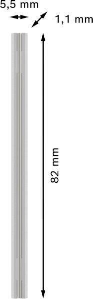 Obrázek úzkého potrubí s rozměry: délka 82 mm, průměr 5,5 mm a tloušťka 1,1 mm.