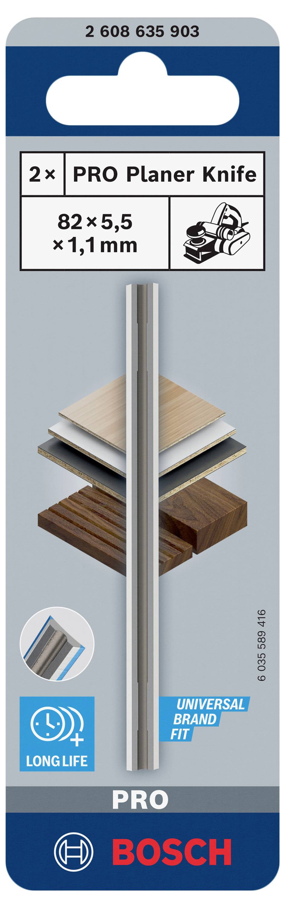 Bosch PRO hoblovací nože, 2 kusy, velikost: 82 x 5,5 x 1,1 mm, vhodné pro dřevěné materiály, dlouhodobě trvanlivé, univerzální upnutí.