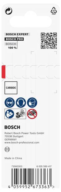 Zadní strana obalu Bosch pro příslušenství nářadí. Obsahuje bezpečnostní symboly, QR kód a adresu výrobce.