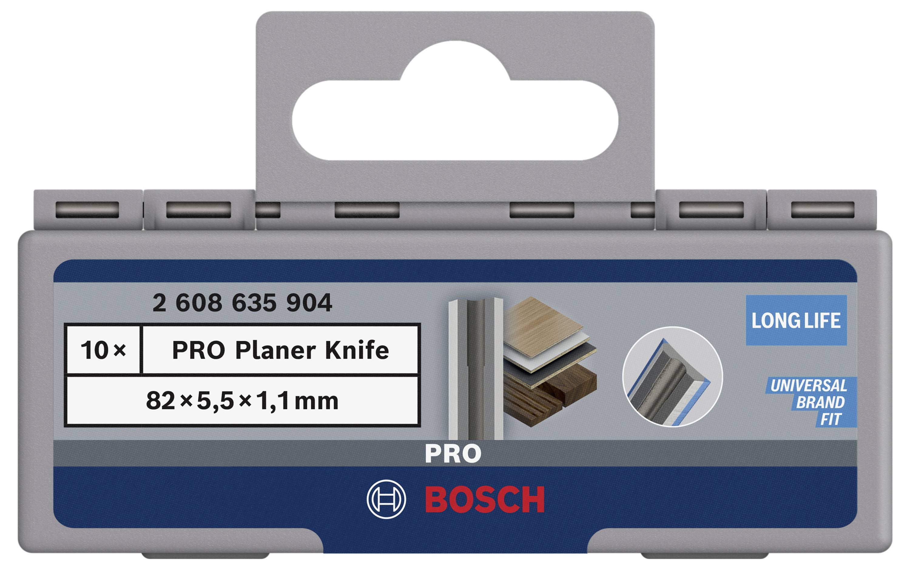 '10 PRO hoblovací nože 82×5,5×1,1mm, univerzální pasování, dlouhá životnost, PRO Bosch' Balení s obrázkem náhradních nožů.