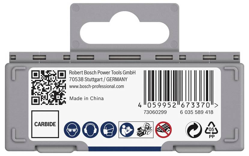 Zadní strana obalu nářadí Bosch s čárovým kódem, QR kódem a bezpečnostními symboly. Informace o výrobci: Robert Bosch Power Tools GmbH.
