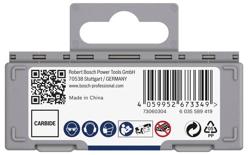 Plastová objednávka s etiketou od Bosch Power Tools. Obsahuje QR kód, čárové kódy, kontaktní adresu v Německu a bezpečnostní symboly.