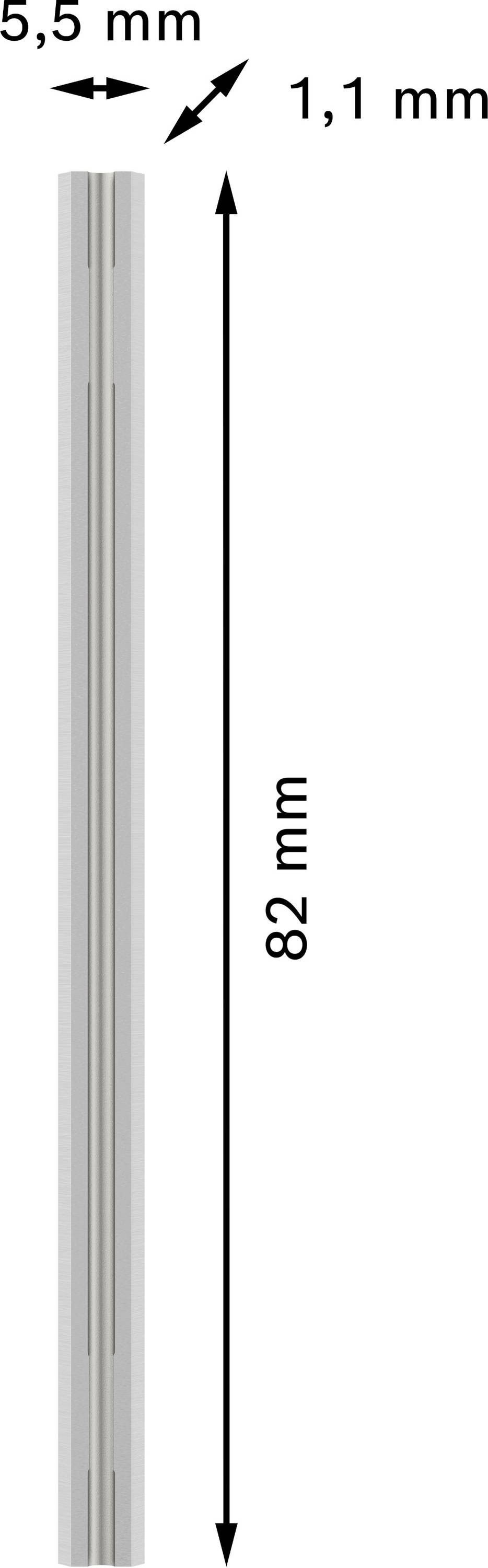 Podlouhlá tyč se šipkami, které udávají šířku 5,5 mm, tloušťku 1,1 mm a délku 82 mm.