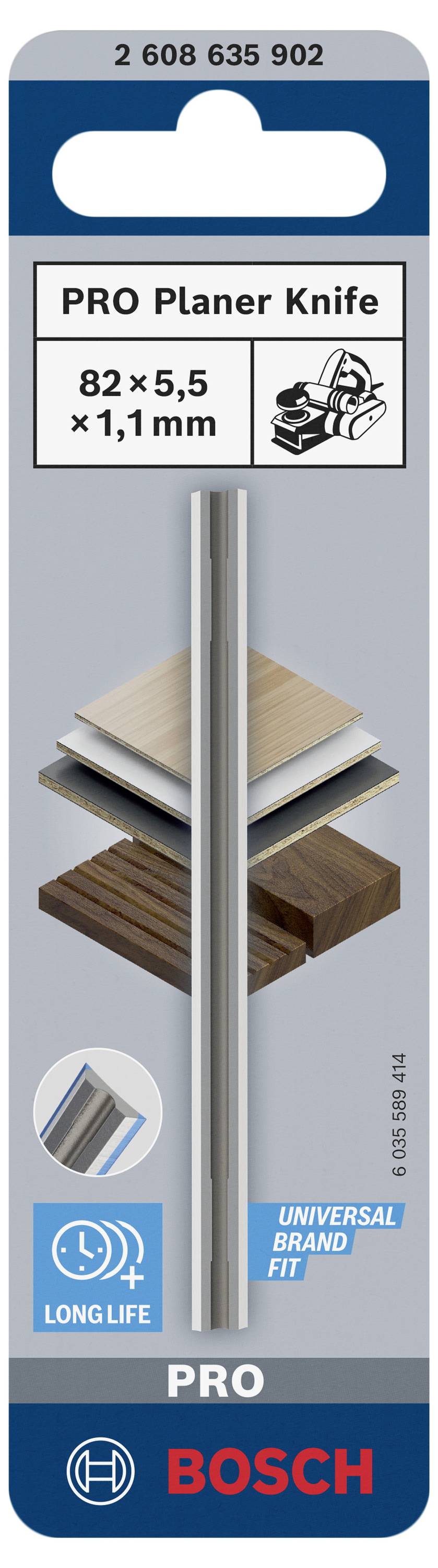 Balení PRO hoblovacího nože od Bosch: Rozměry 82x5,5x1,1 mm, vhodný pro různé druhy dřeva. Odolná konstrukce.