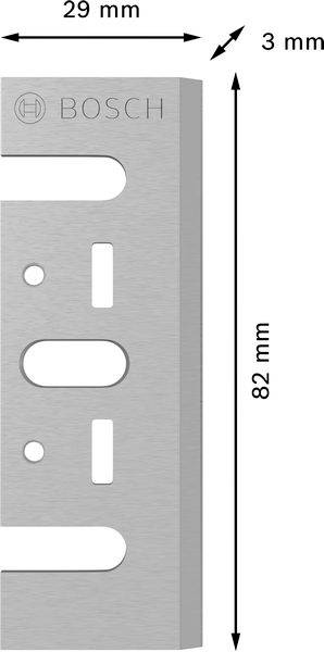 Čepel 'Bosch' s rozměry: 82 mm délka, 29 mm šířka, 3 mm tloušťka. Obdélníková se zaoblenými rohy a výřezy.