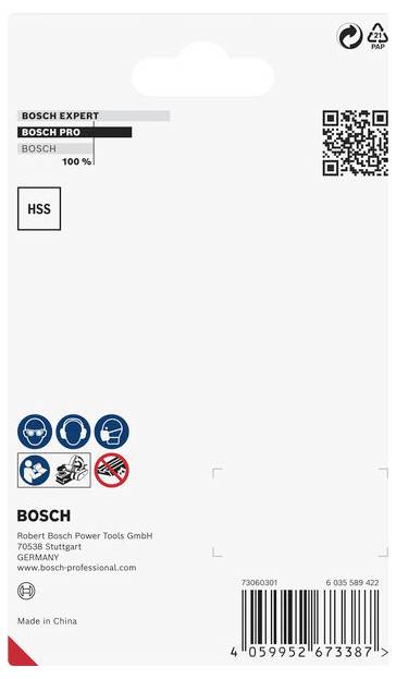 Zadní strana obalu vrtáku Bosch s QR kódem, údaji výrobce, čárovým kódem a symboly pro pokyny k použití a bezpečnostní předpisy.