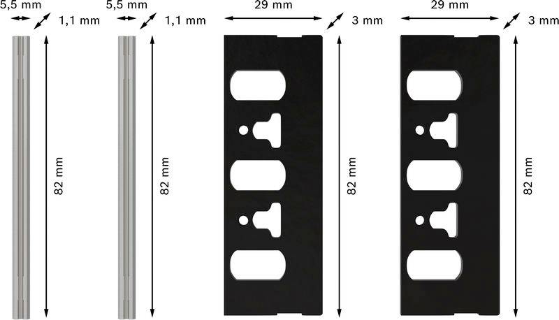 Dva černé obdélníkové kryty s výřezy, každý vysoký 82 mm a široký 29 mm, lemované 5,5 mm širokými kovovými pásky.