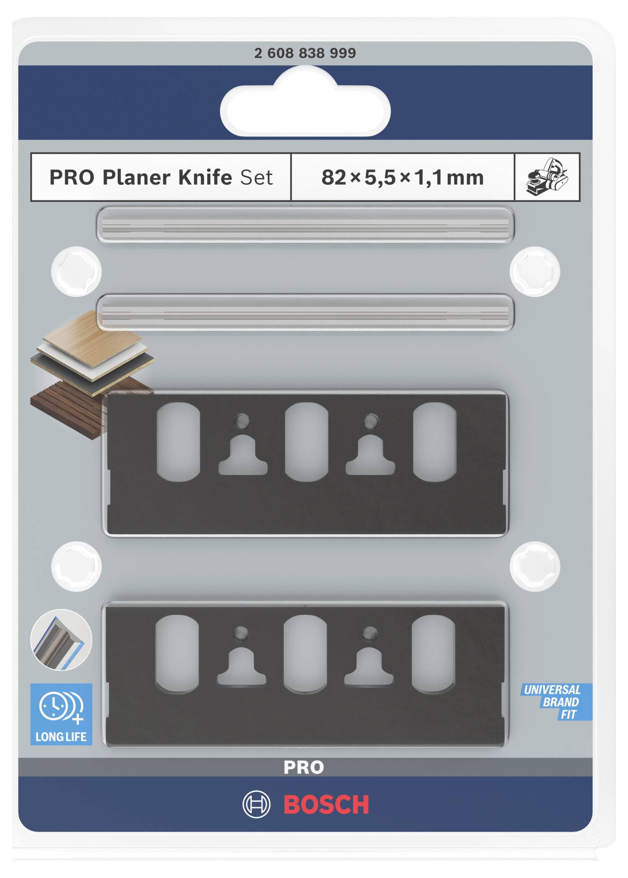 Sada hoblovacích nožů 'PRO Planer Knife Set' od Bosche v blistrovém balení. Dva hoblovací nože o rozměrech 82 x 5,5 x 1,1 mm. Obsahuje vložku pro práci se dřevem.