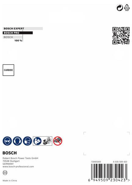 Obalový štítek 'Bosch Expert' s logem, QR kódem a bezpečnostními logy. Dole výrobní informace a čárový kód.