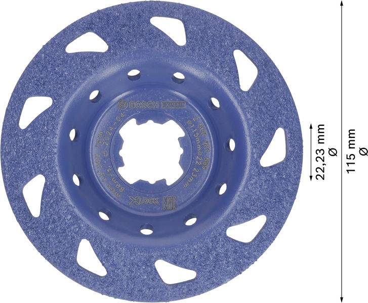 Kotoučový brusný nástroj v modré barvě s několika symetrickými zářezy. Nápis: 'BOSCH Expert'. Rozměry: průměr 115 mm, otvor 22,23 mm.