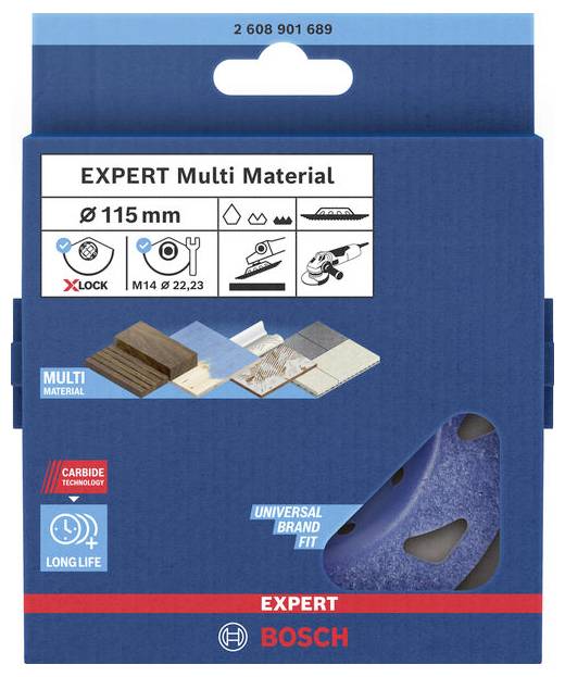Obal řezného kotouče Bosch Expert pro víceúčelové materiály, zobrazující řezný kotouč a symboly kompatibility a trvanlivosti materiálů.