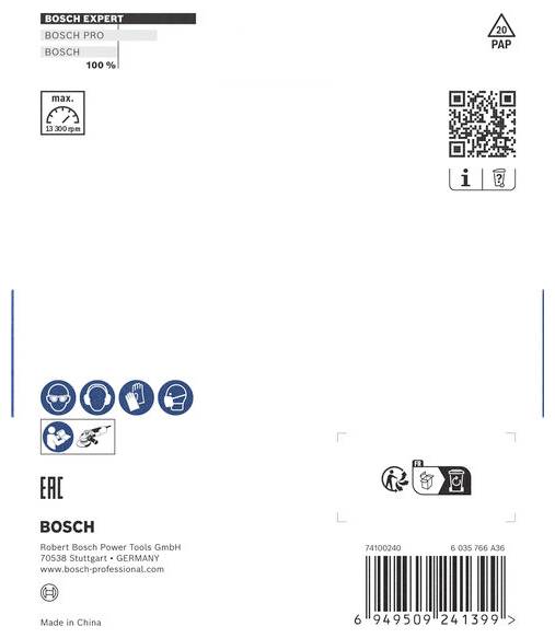 Zadní strana obalu produktu Bosch s QR kódem, informacemi o produktu a symboly pro manipulaci a likvidaci.