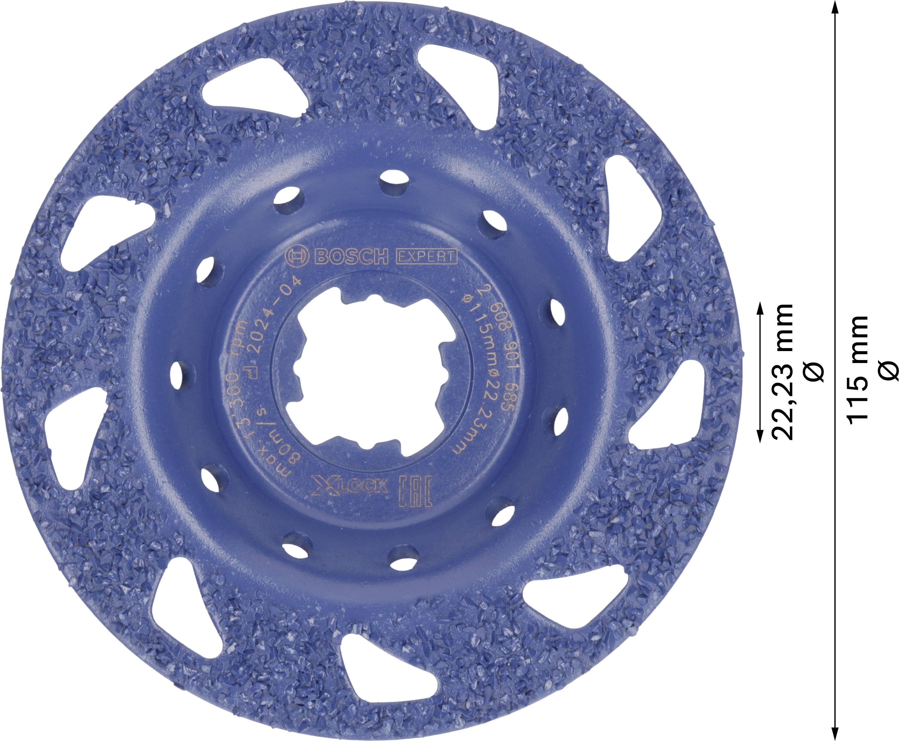 Modrý brusný talíř s mnoha otvory a zubatým okrajem, označený nápisem 'Bosch Expert'. Rozměry: průměr 115 mm, otvor 22,23 mm.
