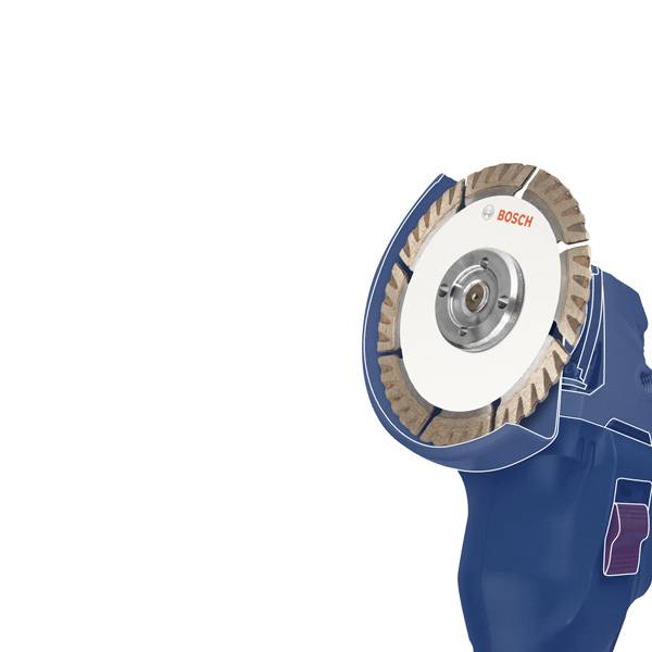 Detailní záběr diamantového řezného kotouče Bosch, nasazeného na modrém úhlové brusce, vhodného pro přesné řezání materiálů.