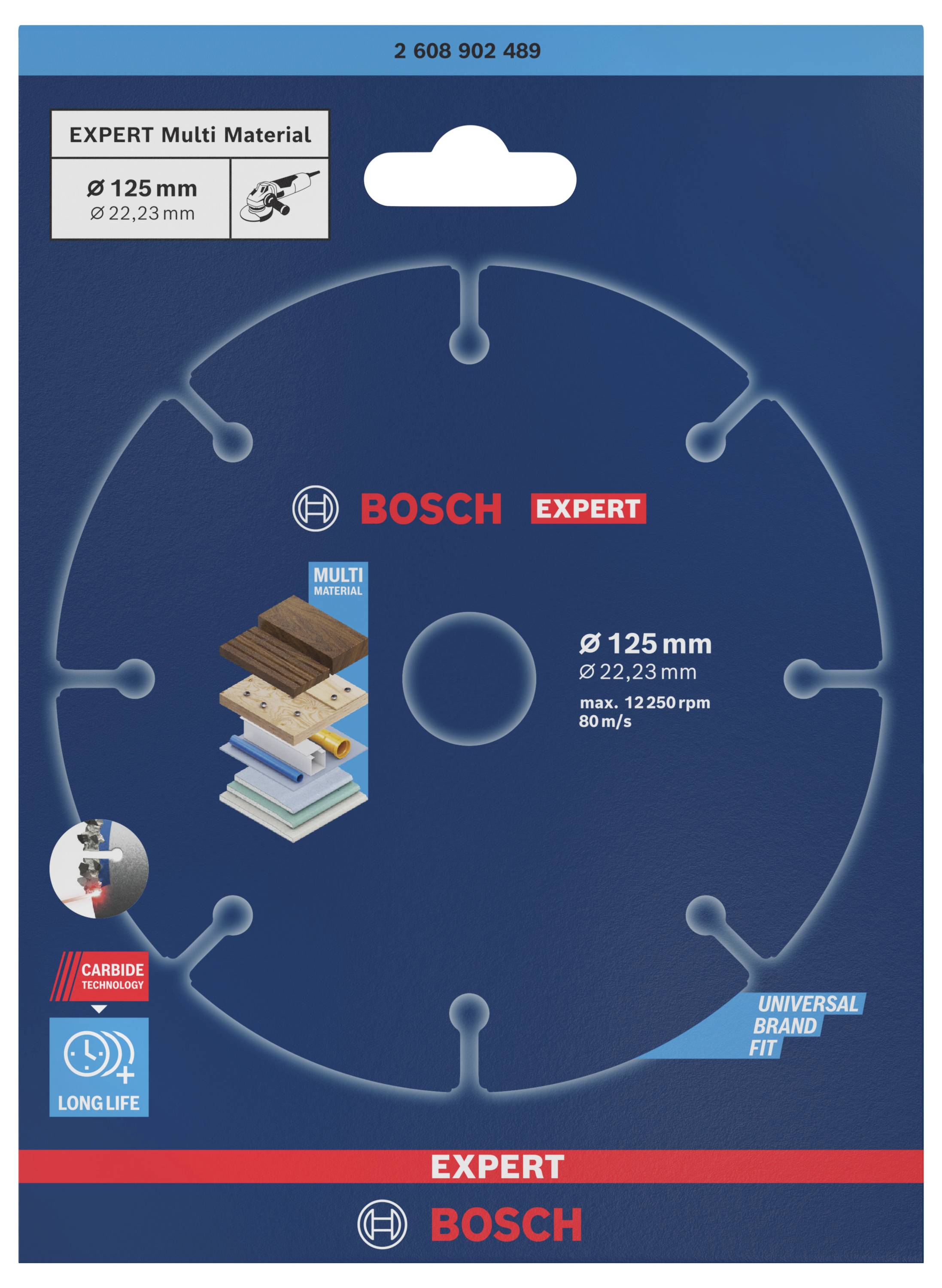 Obal pilového kotouče Bosch "Expert" pro víceúčelové použití, průměr 125 mm. Zobrazuje pilový kotouč, kompatibilní materiály a rozměry.