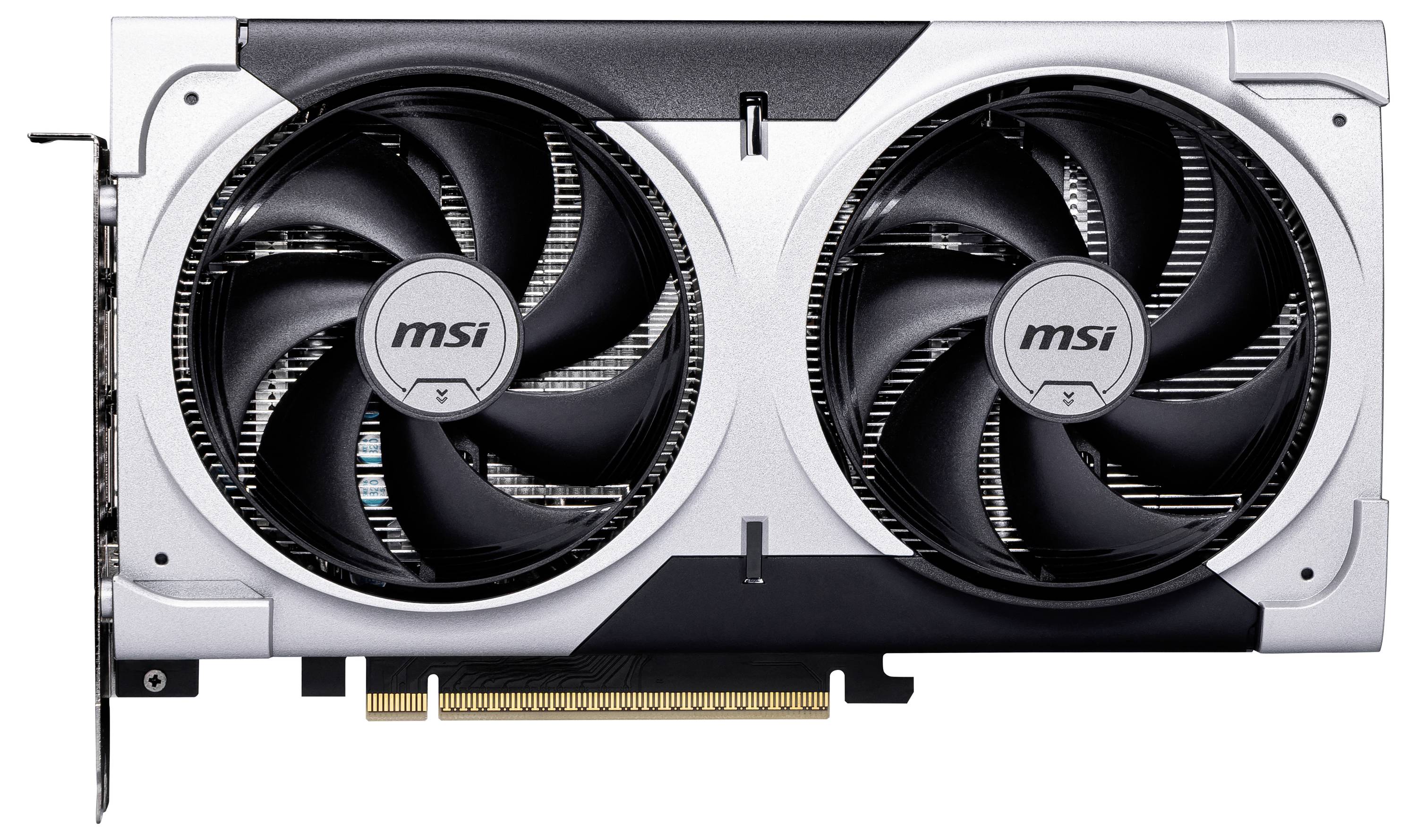 Grafická karta MSI se dvěma velkými ventilátory a rozhraním PCIe, vhodná pro výkonné počítačové aplikace.