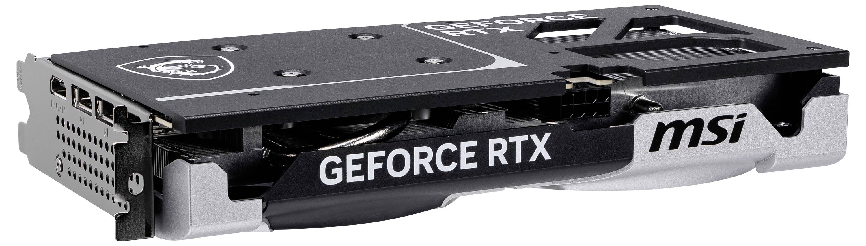 Grafická karta MSI GeForce RTX, černostříbrný design, s ventilátory a konektory, vhodná pro vysoce výkonné grafické aplikace.