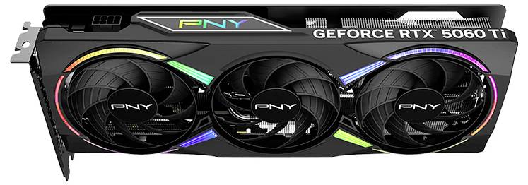 Grafická karta PNY GeForce RTX 5060 Ti se třemi ventilátory a RGB podsvícením.
