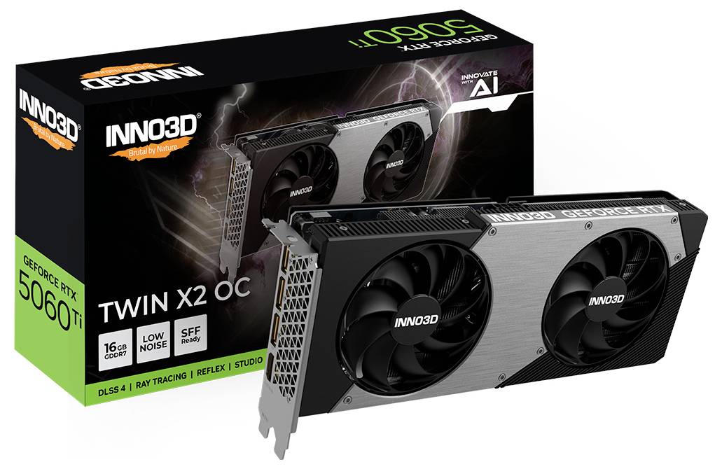 Dvě grafické karty 'INNO3D GeForce RTX 3060 Ti Twin X2 OC' před jejich obalem. Funkce zahrnují DLSS 4, Ray Tracing.