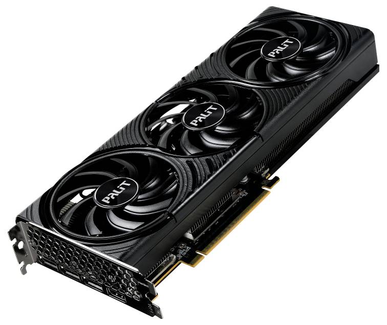Grafická karta značky Palit se třemi ventilátory v černém provedení. Vyvinuta pro výkonné hraní a grafické zpracování.