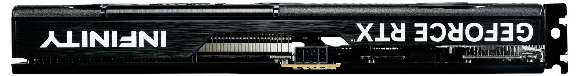 Grafická karta pohledem shora, model 'GEFORCE RTX'. Viditelné větrací štěrbiny a konektory. Název produktu 'INFINITY' na straně.