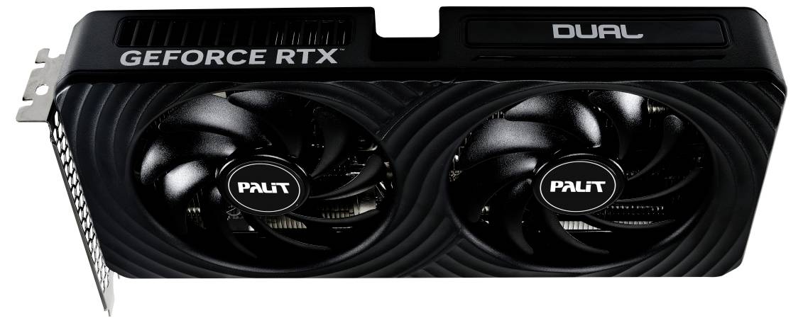Černá grafická karta se dvěma ventilátory. Nápis: 'GEFORCE RTX' a 'DUAL'. Značka 'Palit' uprostřed ventilátorů.