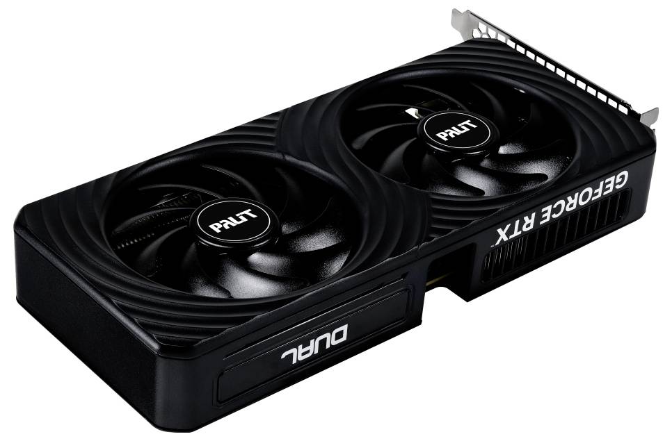Černá grafická karta se dvěma ventilátory, model 'Palit GeForce RTX'.