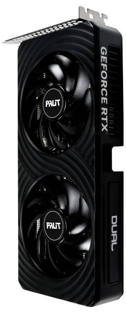 Černá grafická karta s nápisem 'Palit GeForce RTX DUAL', vybavená dvěma ventilátory pro chlazení.
