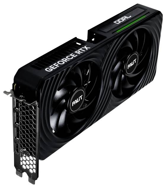 Černá grafická karta Palit GeForce RTX se dvěma ventilátory a několika připojovacími porty na straně, boční pohled.