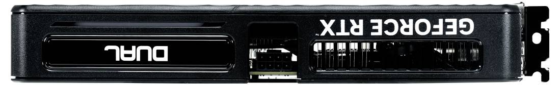 Grafická karta s nápisem 'DUAL' a 'GEFORCE RTX' zobrazující konektory a větrací otvory na zadní straně.