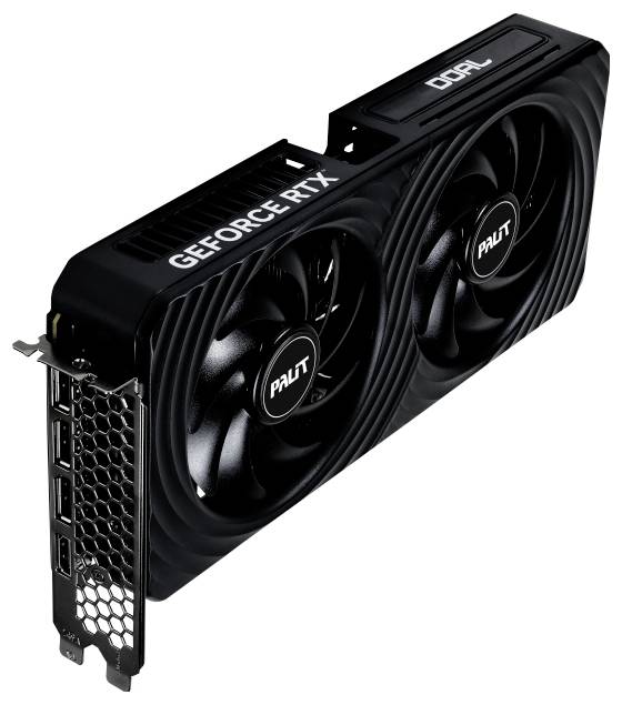 Grafická karta GeForce RTX od společnosti Palit; velká černá skříň se dvěma ventilátory a několika videoporty.