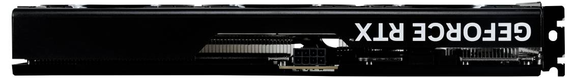 Grafická karta s nápisem 'GEFORCE RTX' na straně, která zobrazuje chladicí žebra a elektronické komponenty.