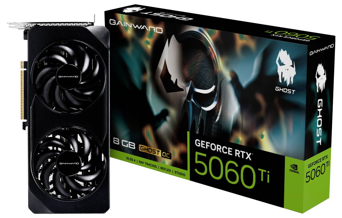 Grafická karta Gainward GeForce RTX 5060 Ti, 8 GB, černá, s dvojitým ventilátorem vedle obalu s futuristickým designem.