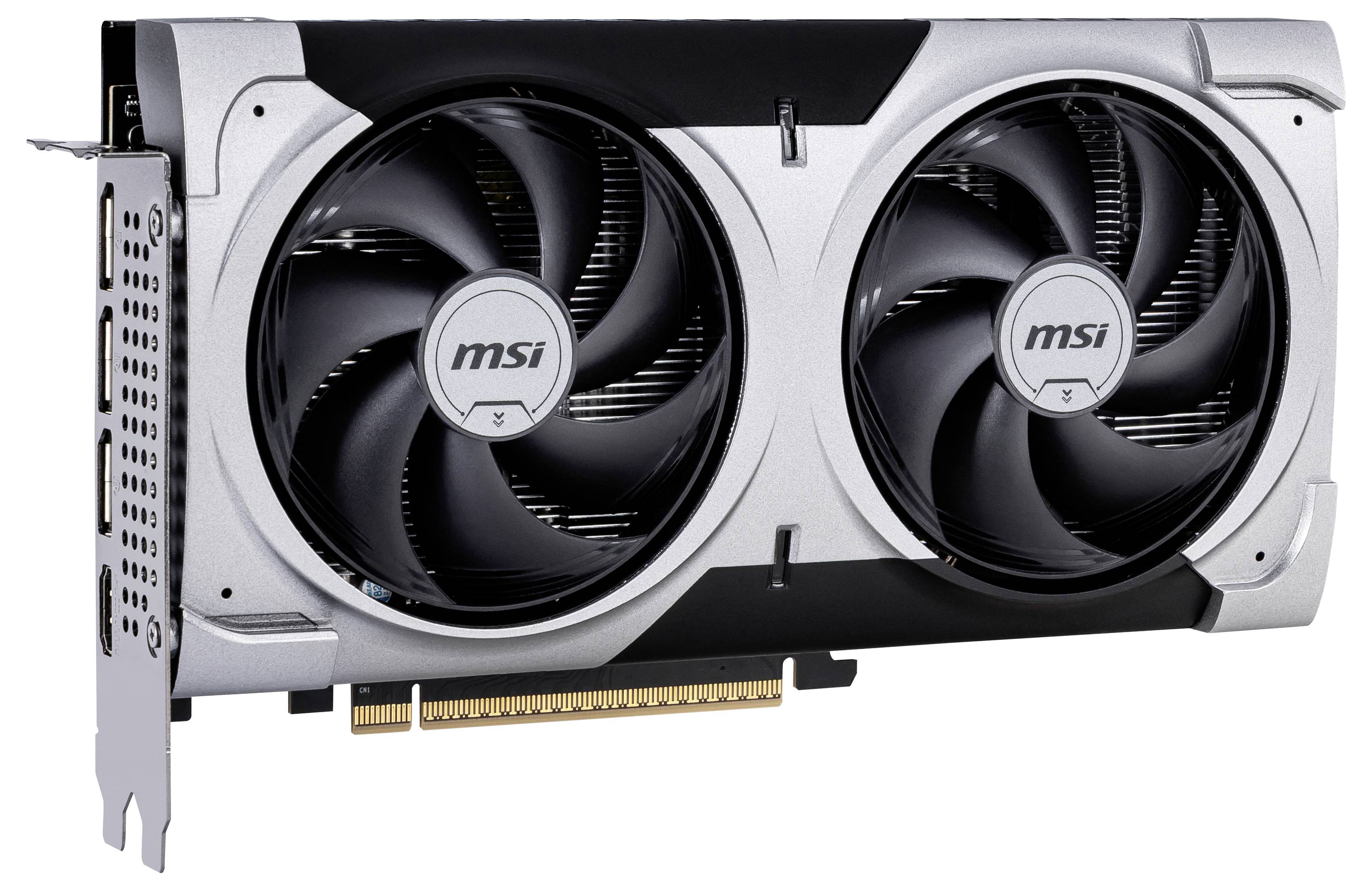 Grafická karta MSI se dvěma velkými ventilátory, stříbrno-černé šasi, vhodná pro montáž do počítače, viditelné detaily konektorů.