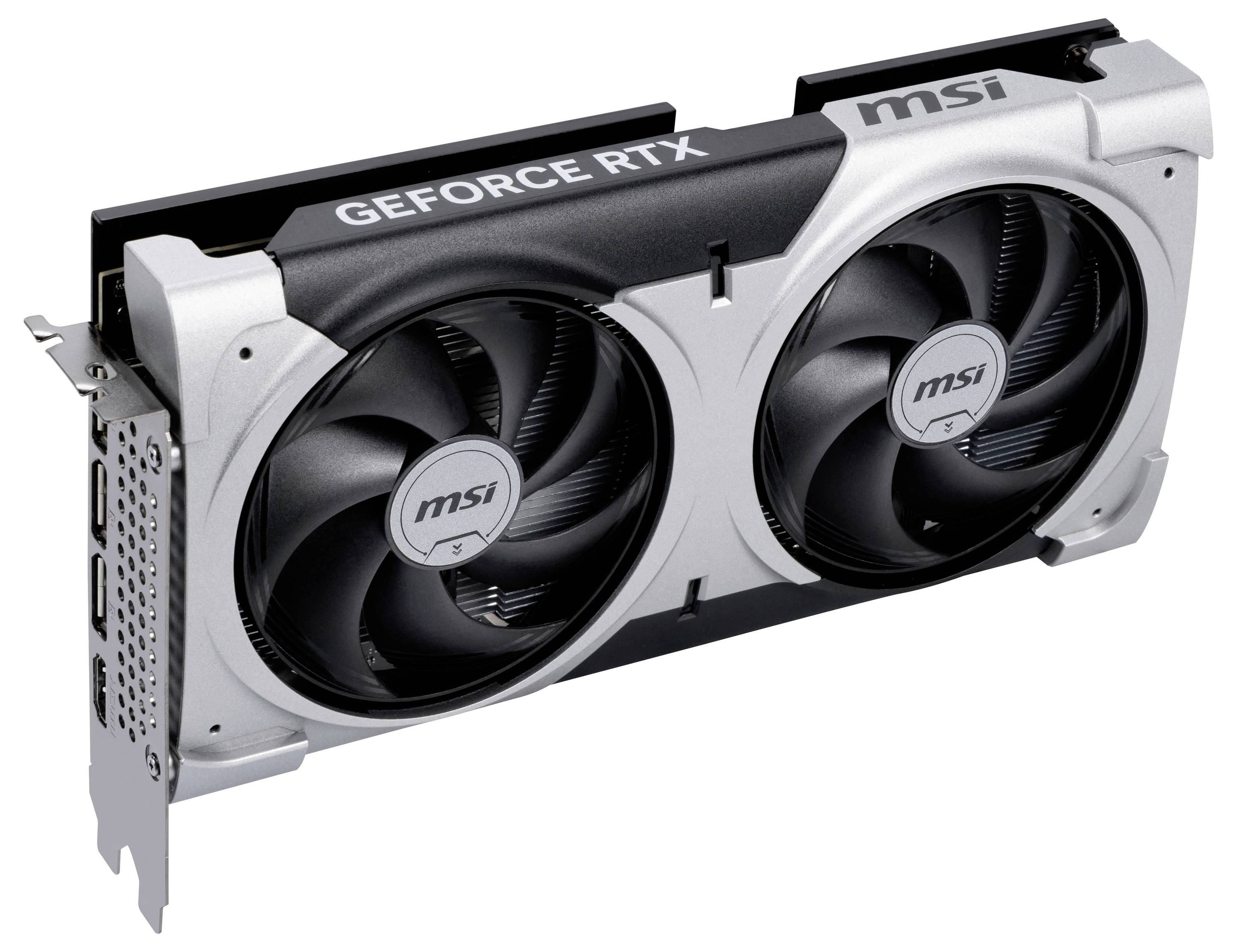 Grafická karta se dvěma ventilátory, s nápisem 'GEFORCE RTX' a 'msi'. Stříbrné šasi, vhodné pro výkonné grafické zpracování.