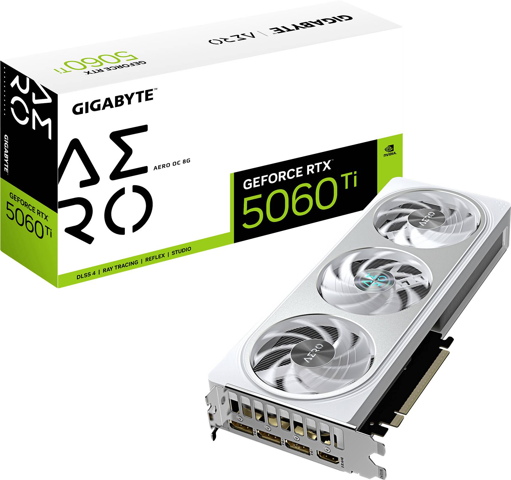 Grafická karta Gigabyte, model 'AERO OC 8G', GeForce RTX 5060 Ti, se třemi ventilátory a konektory pro monitory. Balení v pozadí.