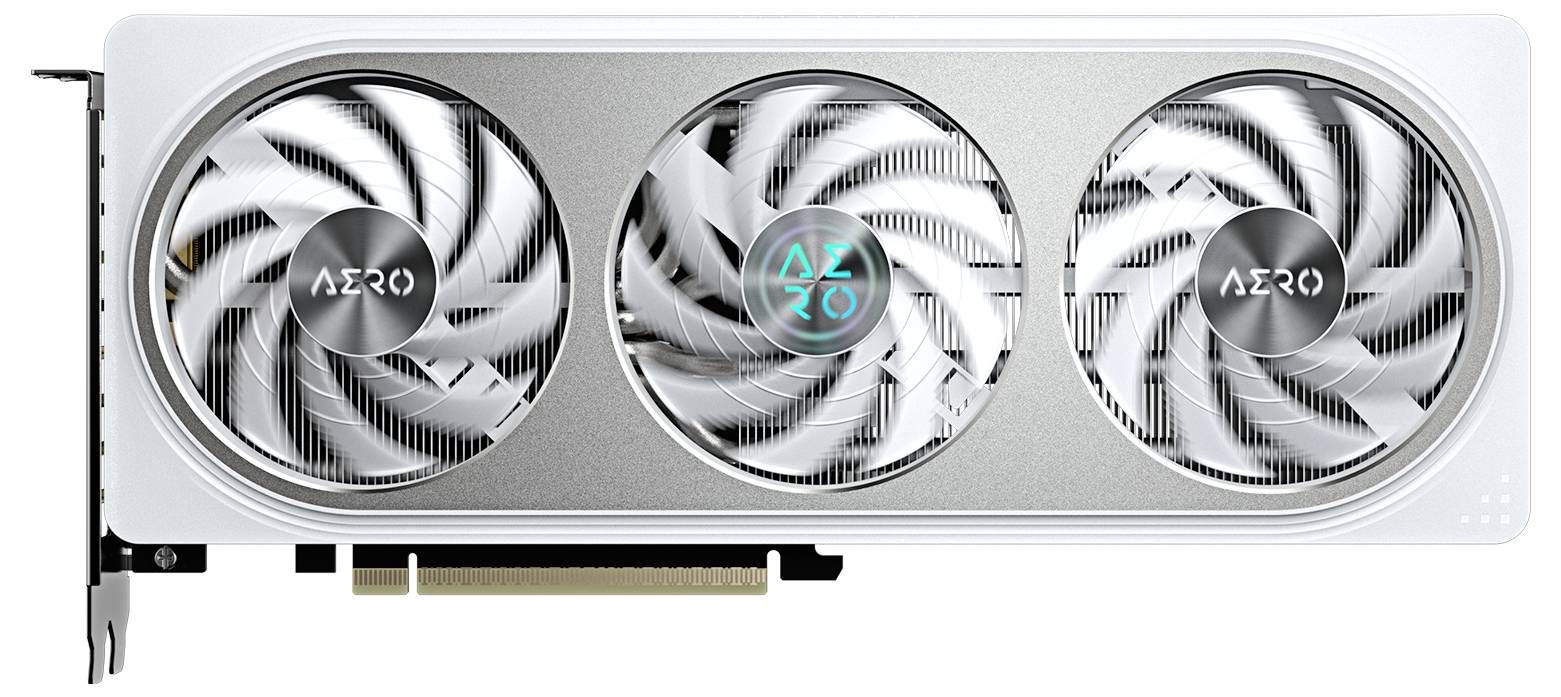 Bílá grafická karta se třemi ventilátory, dva z nich s nápisem 'AERO' a LED osvětlením uprostřed.