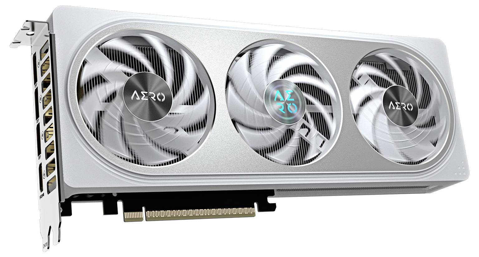 Grafická karta se stříbrným tělem, třemi ventilátory a PCIe rozhraním, označená štítkem 'AERO'.