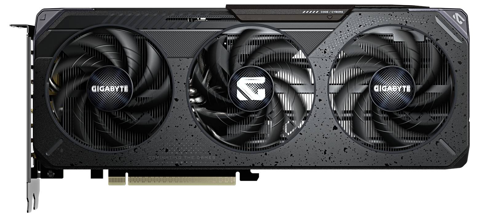 Černá grafická karta se třemi ventilátory. Označení 'Gigabyte'.