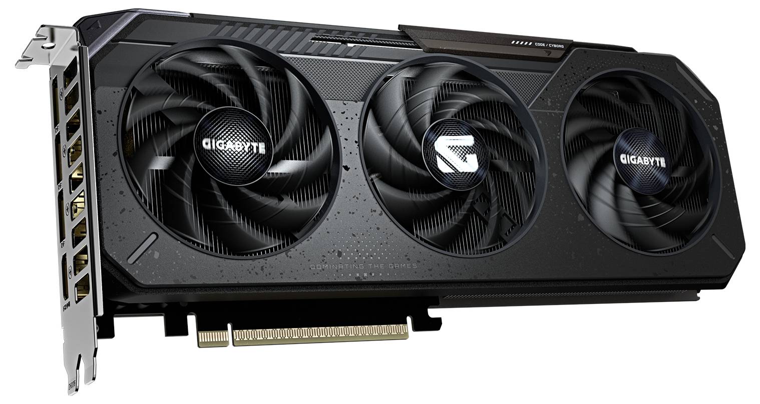 Grafická karta se třemi ventilátory, černý design, viditelný PCIe slot. Značka a model jsou Gigabyte, vhodné pro výkonné počítače.
