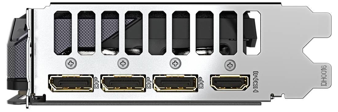 Čtyři grafické výstupy: tři DisplayPort a jeden HDMI. Stříbrný rámeček s větracími otvory nahoře.