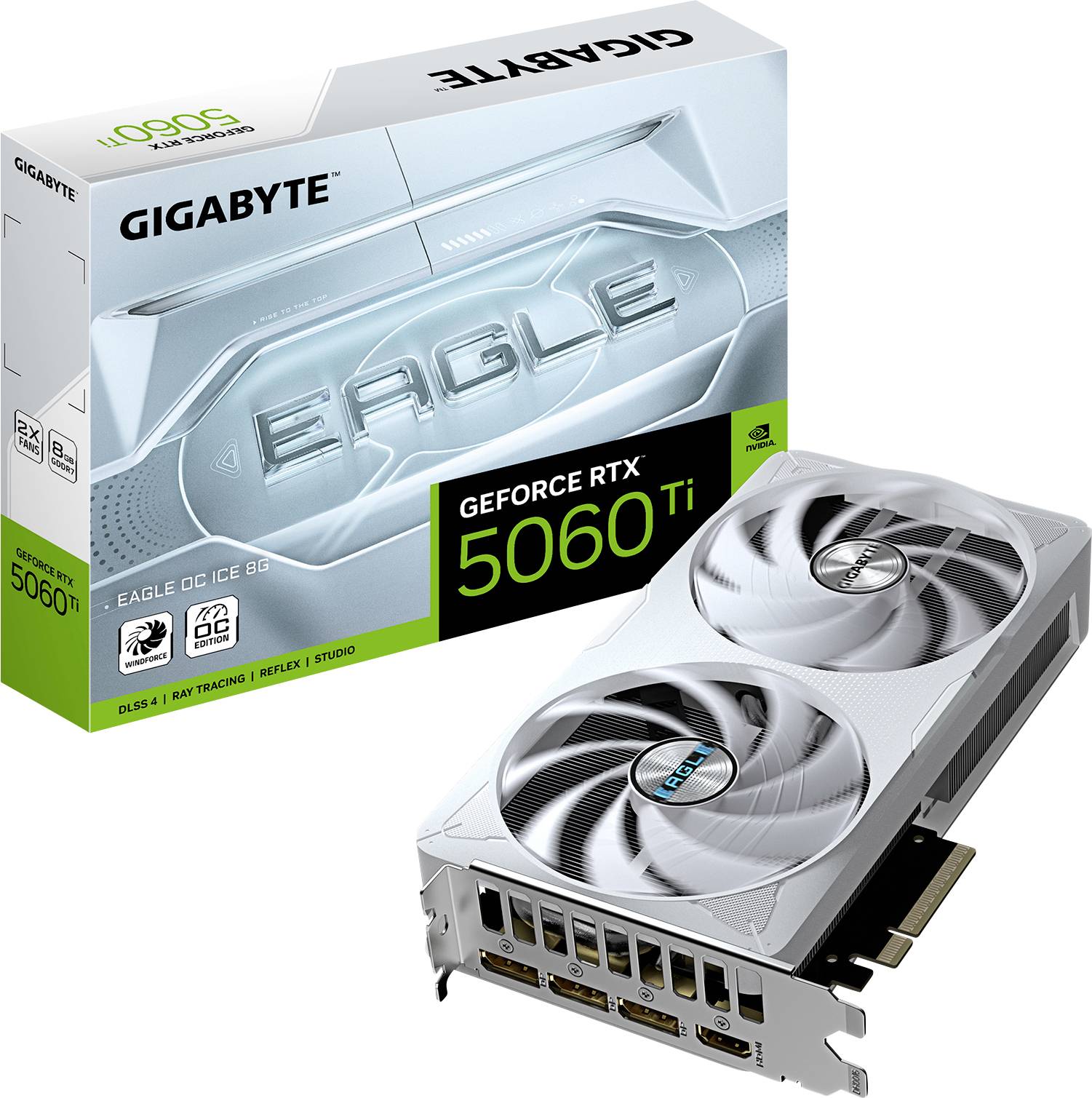 Grafická karta značky Gigabyte, model GeForce RTX 5060 Ti, s duálními ventilátory. Na pozadí je vidět obalu se stejnými detaily.